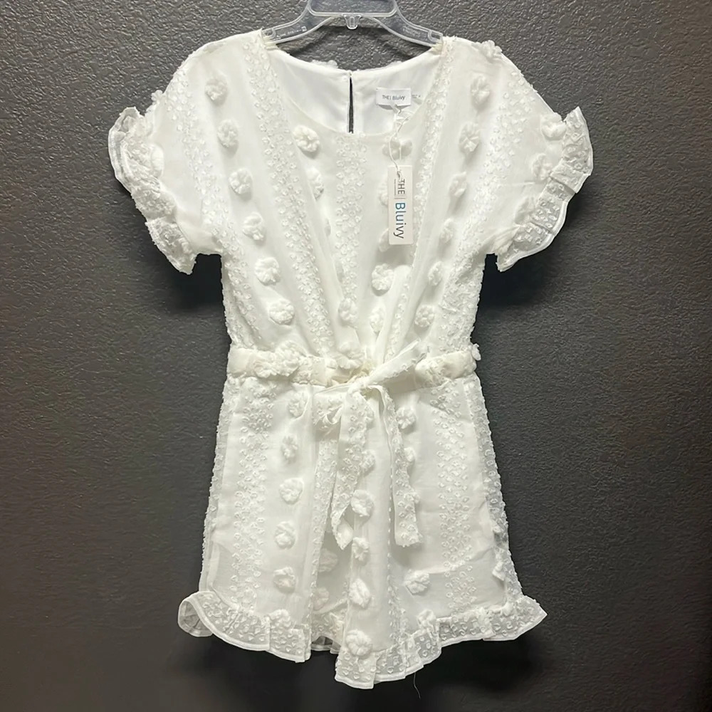 NWT Bluivy Shorts Romper Textured Flower PomPoms Babydoll Lined Bridal Medium